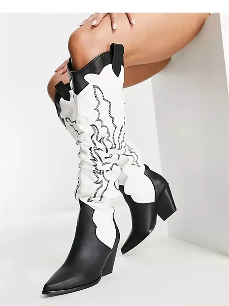 Western Cowgirl Over The Knee High Boots with Chunky Block Heels Shoes