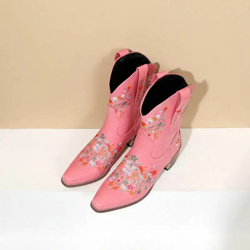 Vintage Flower Embroidered Women's Western Boots