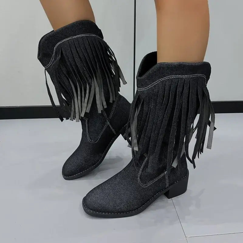 Women's Denim Mid-Calf Boots with Tassels