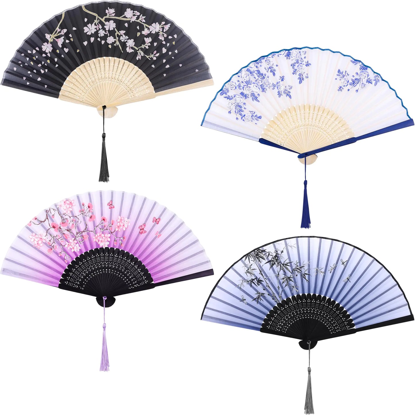 Aneco 4 Pieces Folding Fans Bamboo Handheld Fans Silk Fabric Fans Hand Holding Fans For Party Wedding Gifts Wall Decoration