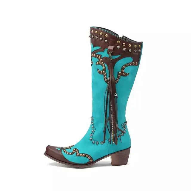 Handmade Chunky Heel Tassel Boots - Blue Cowboy Style