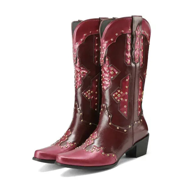 Wide Calf Western Pointed Toe Leather Patchwork Mid Calf Boot