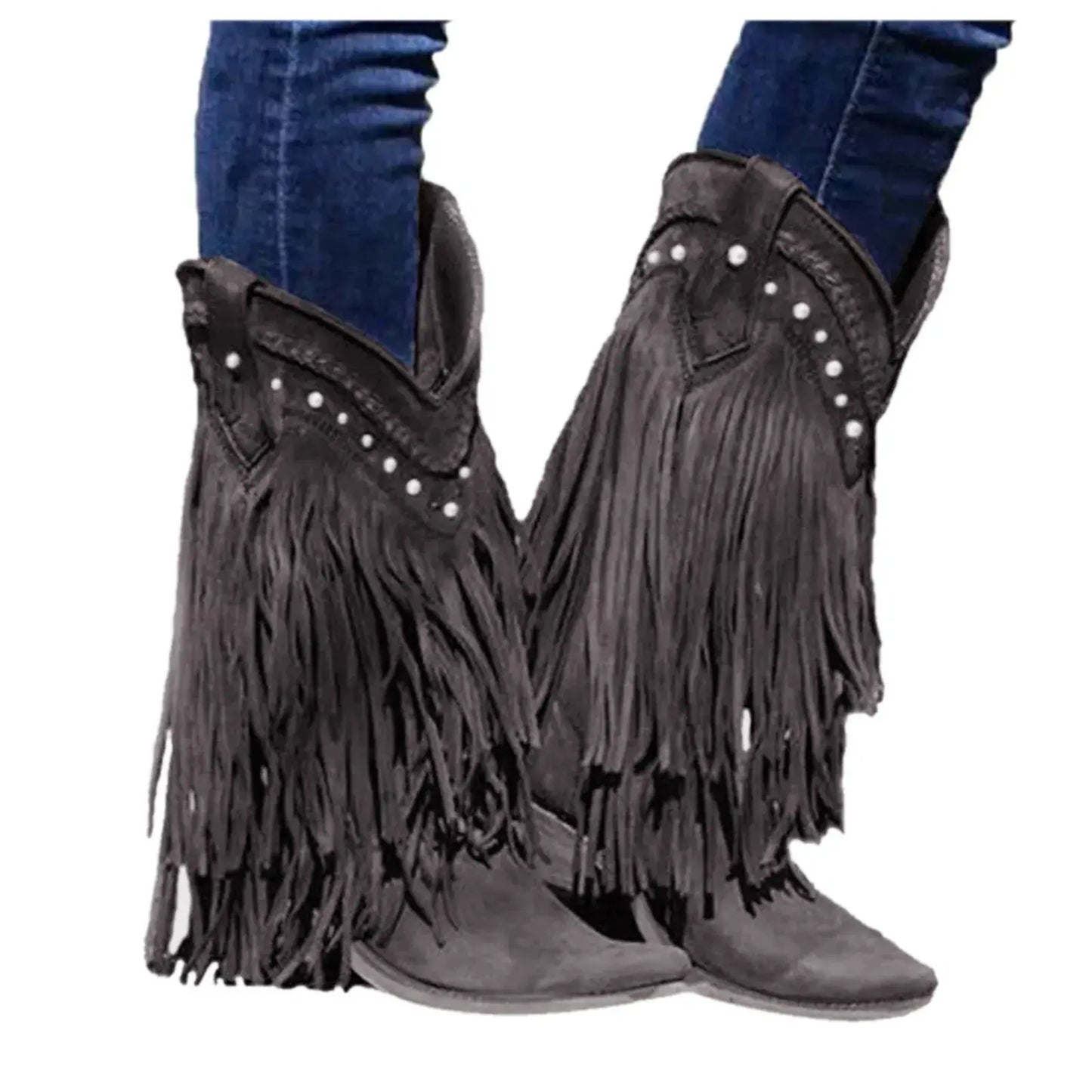 Vintage Tassel Mid-Calf Cowboy Boots for Women