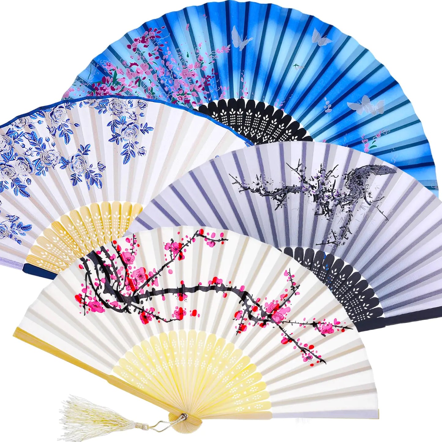 4 pack Handheld Floral Folding Fans Hand Held Fans Silk Bamboo Fans with Tassel Women Hollowed Hand Foldable Fan with Fabric Sleeve for Dancing Wedding Decoration Gifts(Adorable)