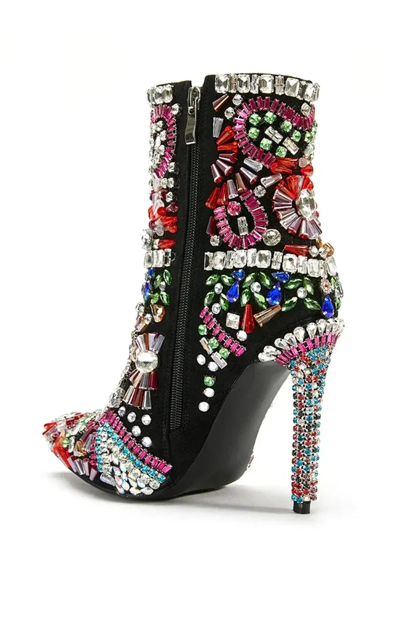 Women Pointed Toe Crystal Mid Calf Boots