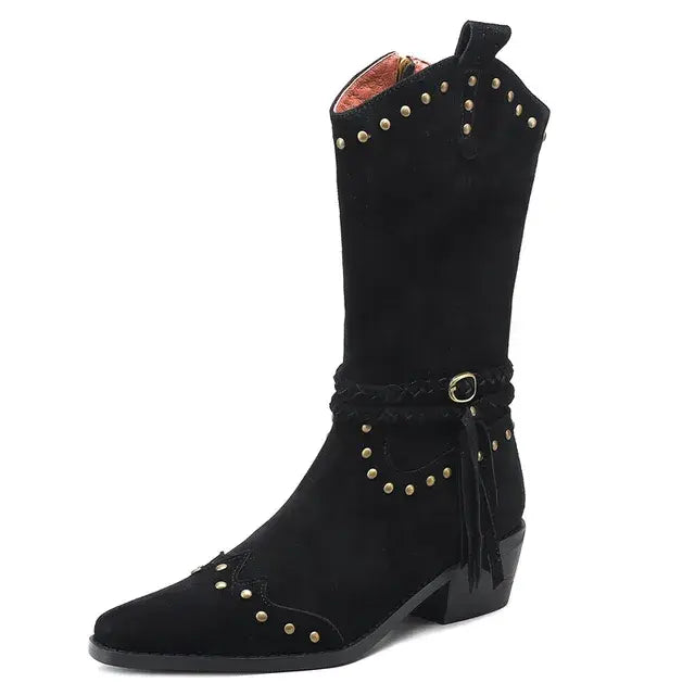 MoonMeek 2024 Retro Tassel Genuine Leather Western Ankle Boots