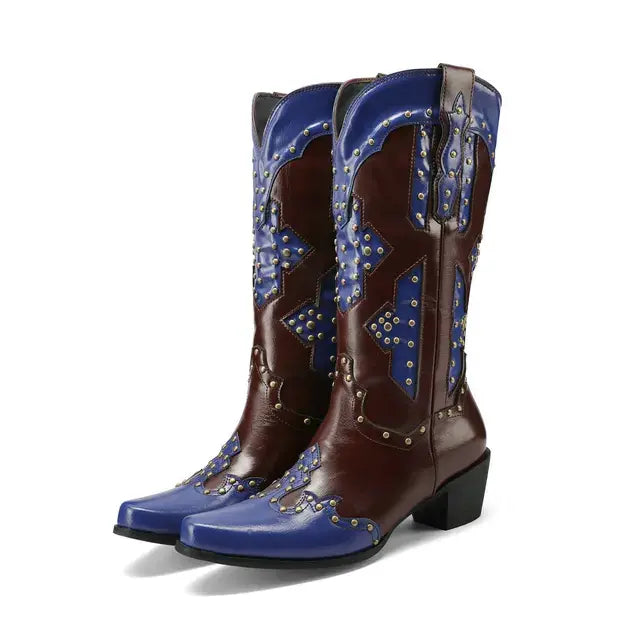 Wide Calf Western Pointed Toe Leather Patchwork Mid Calf Boot