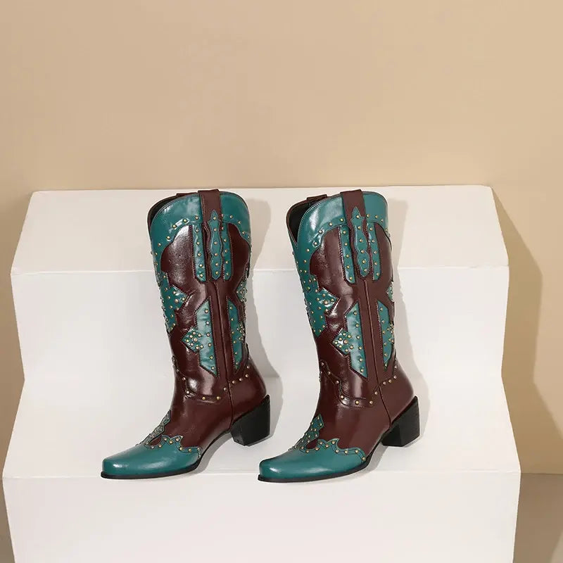 Wide Calf Western Pointed Toe Leather Patchwork Mid Calf Boot