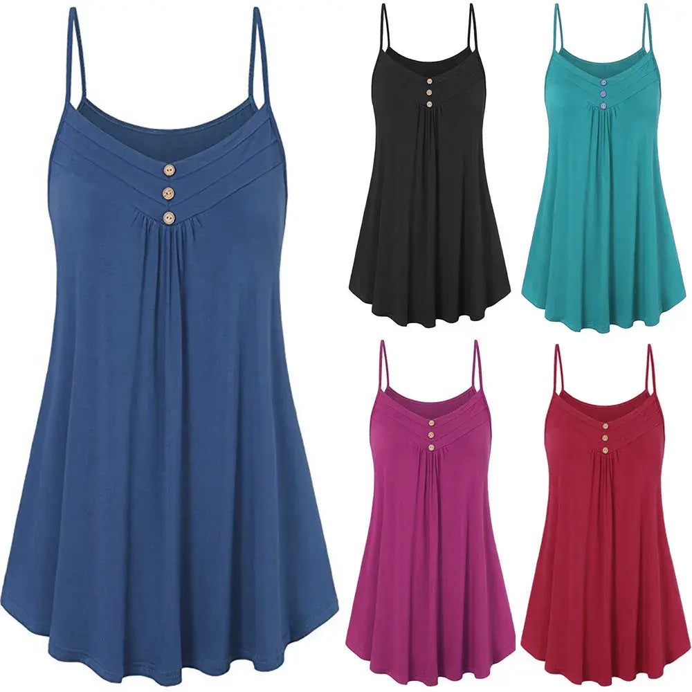 Women Loose Button V Neck Cami Tank Tops