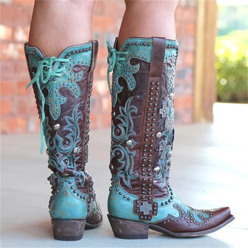 Embroidered Lace-Up Mid-Calf Boots with Thick Heels