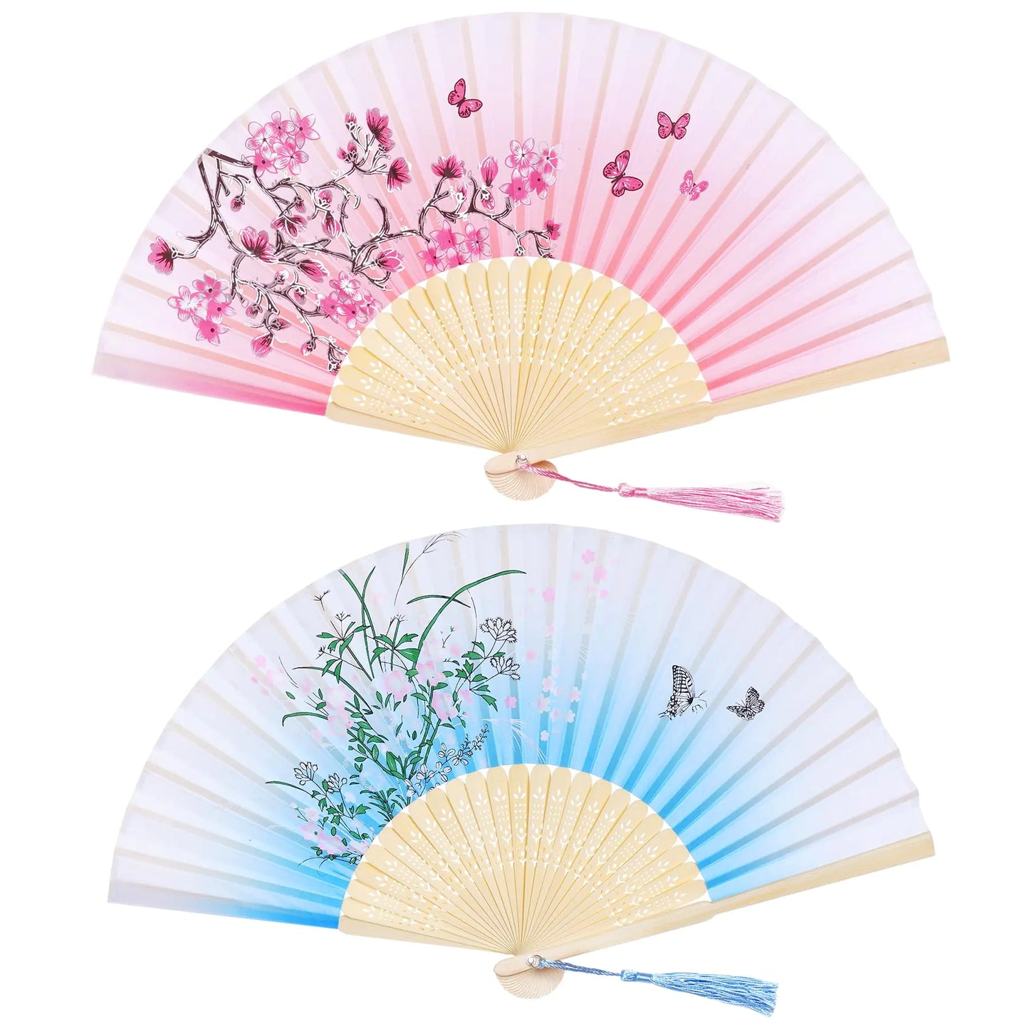Bantoye 2 Pieces Handheld Fans Silk Folding Fans with Bamboo Frames for Dancing Cosplay Wedding Party Props Decoration (Pink Blue Floral)