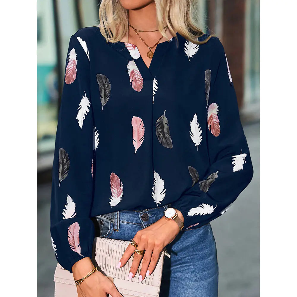 2024 Women's Spring V-Neck T-Shirt with Feather Print