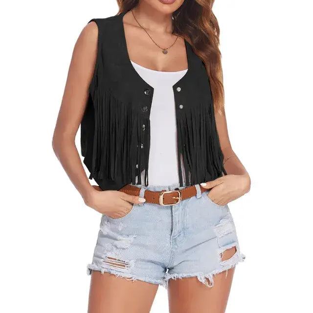 Cotton Fringe Vest Women Faux Suede Open-Front Vintage Vest Sleeveless
