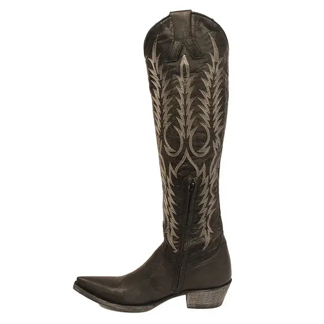 Embroidered Western Fire Cowgirl Boots with Low Heel