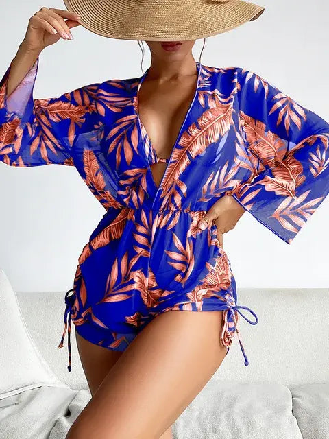 High Waist Print Drawstring Three Piece Bikini Set Swimsuit