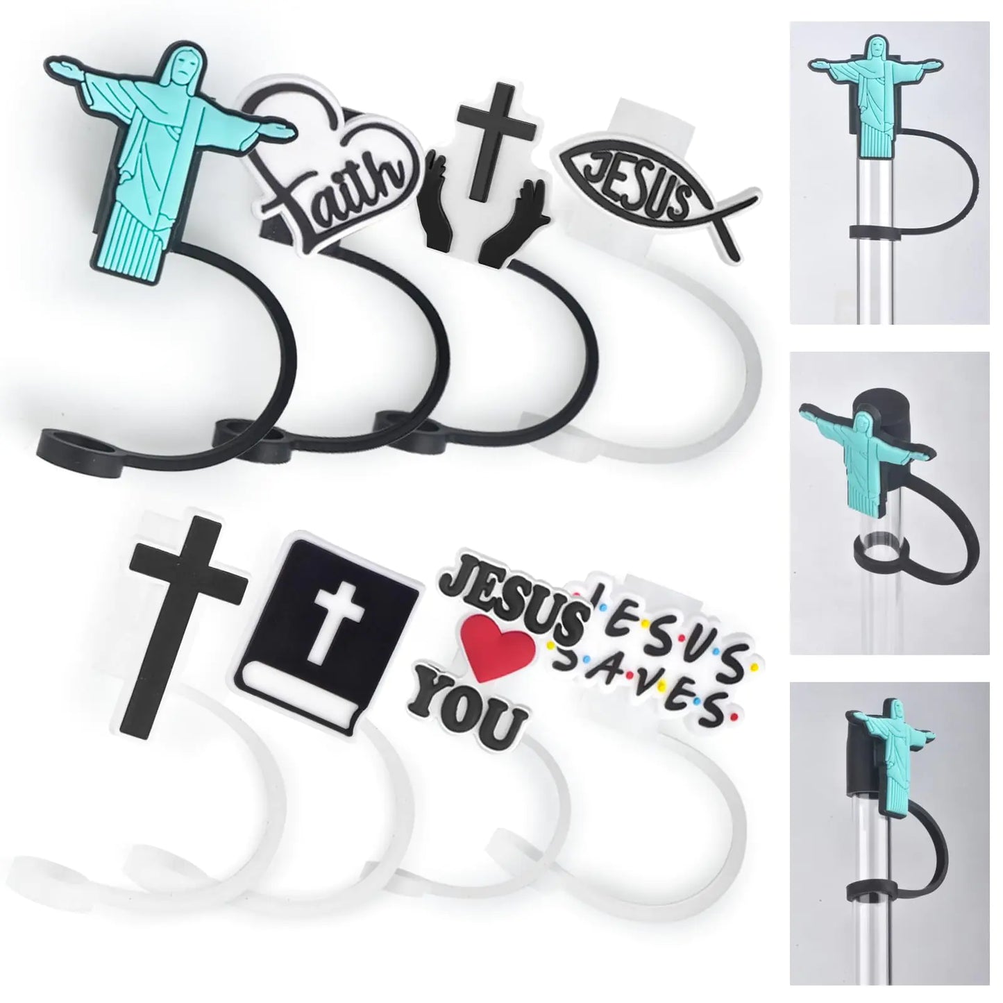Silicone Jesus Straw Covers Cap 8 Pcs 8 mm Straws Dust Proof Tips Lids Cartoon Straw Topper Compatible with Stanley Cup 30&40 Oz Straws
