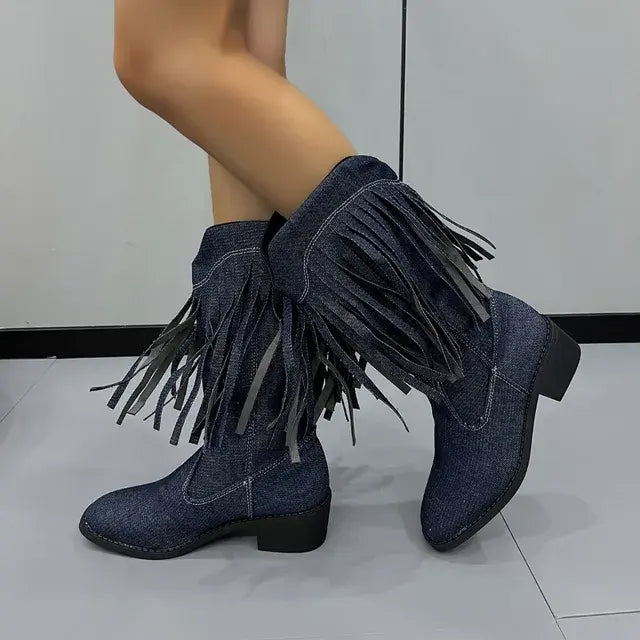 Women's Denim Mid-Calf Boots with Tassels