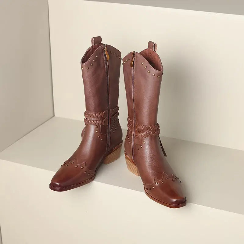 MoonMeek 2024 Retro Tassel Genuine Leather Western Ankle Boots