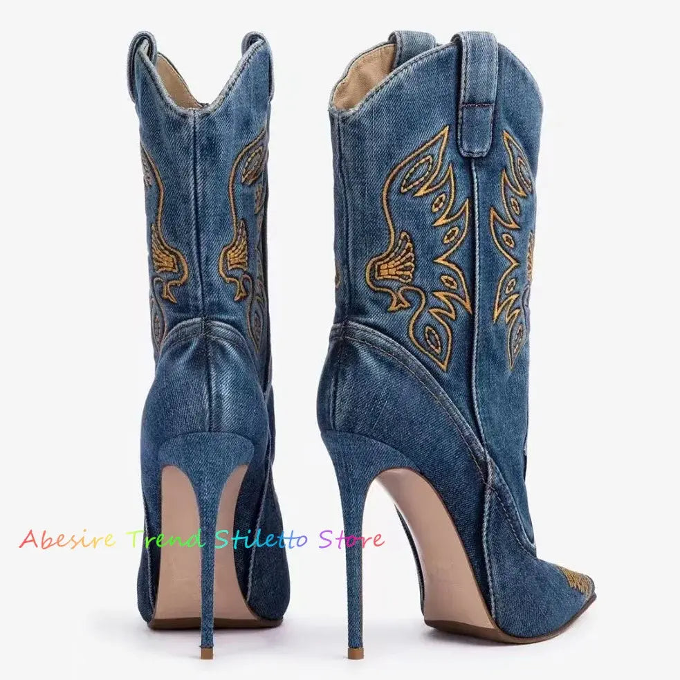 Stride in Style: New Fashion Embroidered Denim Ankle Boots for Women