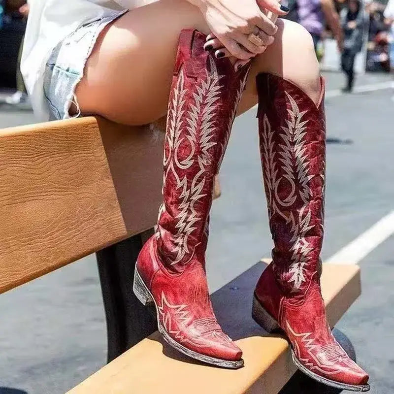 Embroidered Western Fire Cowgirl Boots with Low Heel