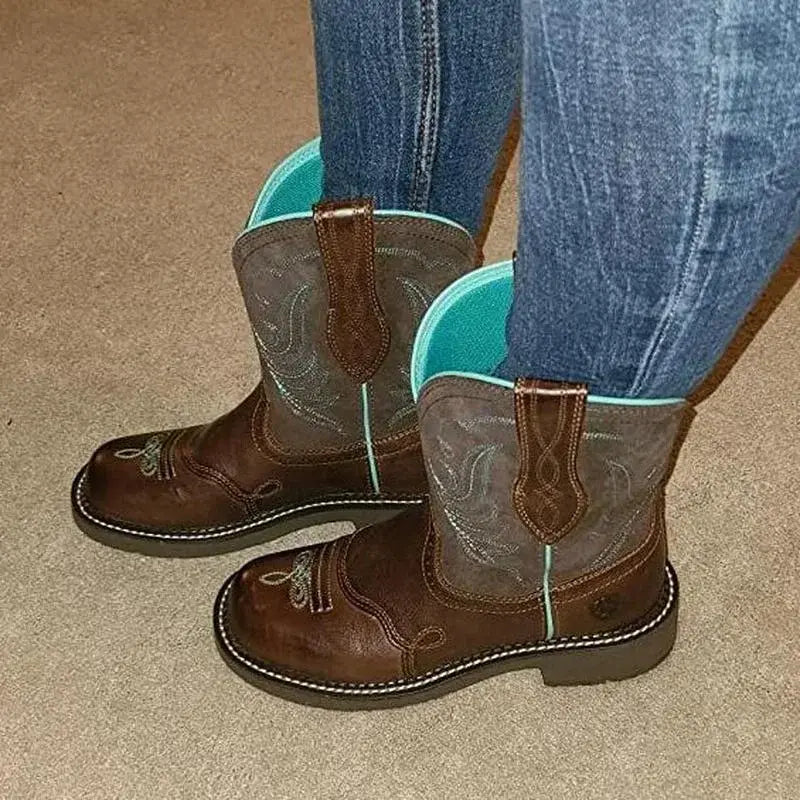 Retro Western Embroidered Mid-Calf Cowboy Boots for Women