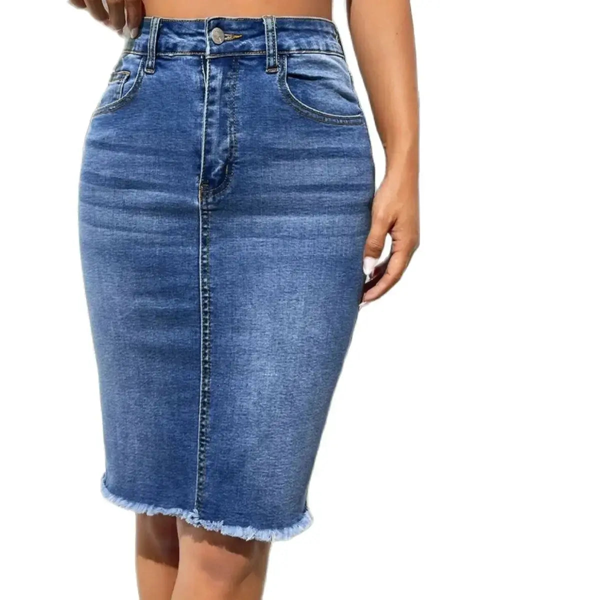 Summer New High Elastic Raw Edge Denim Skirt for Women