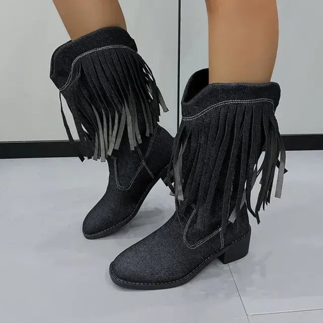 Women's Denim Mid-Calf Boots with Tassels