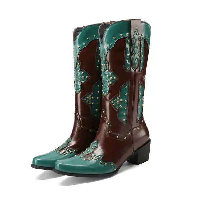 Wide Calf Western Pointed Toe Leather Patchwork Mid Calf Boot