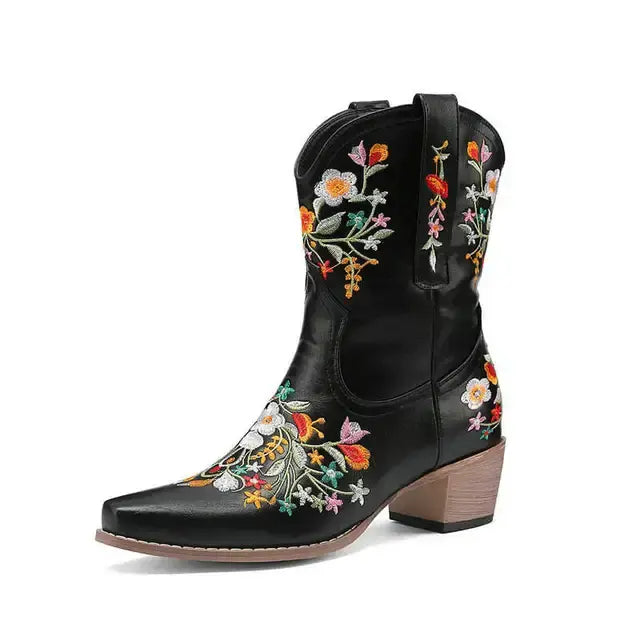 Vintage Flower Embroidered Women's Western Boots
