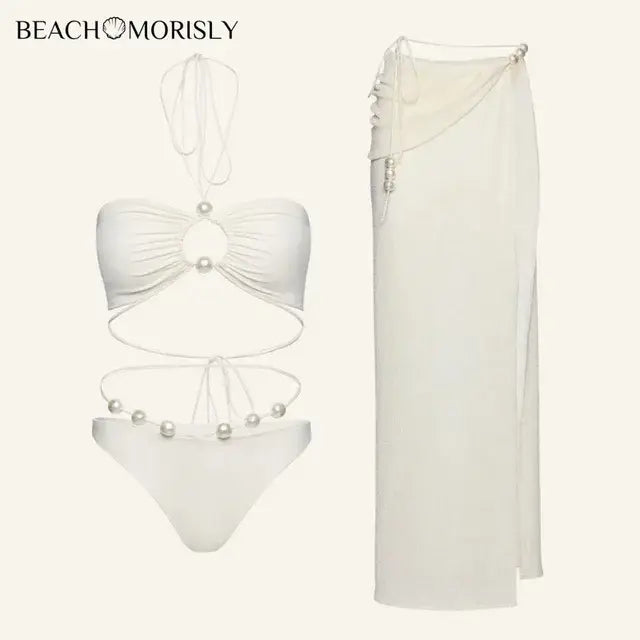 Color Block Women Swimsuit and Sarong Two-piece Set