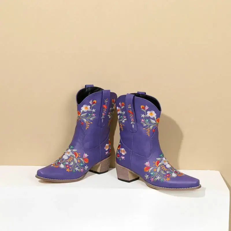 Vintage Flower Embroidered Women's Western Boots