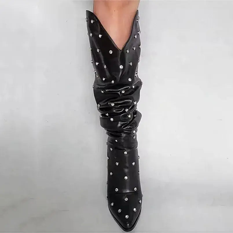 Fancy Swing Pleated Upper Long Cowboy Boots with Rhinestone