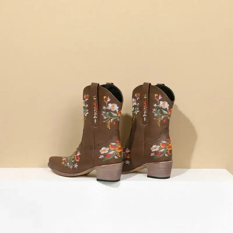 Vintage Flower Embroidered Women's Western Boots