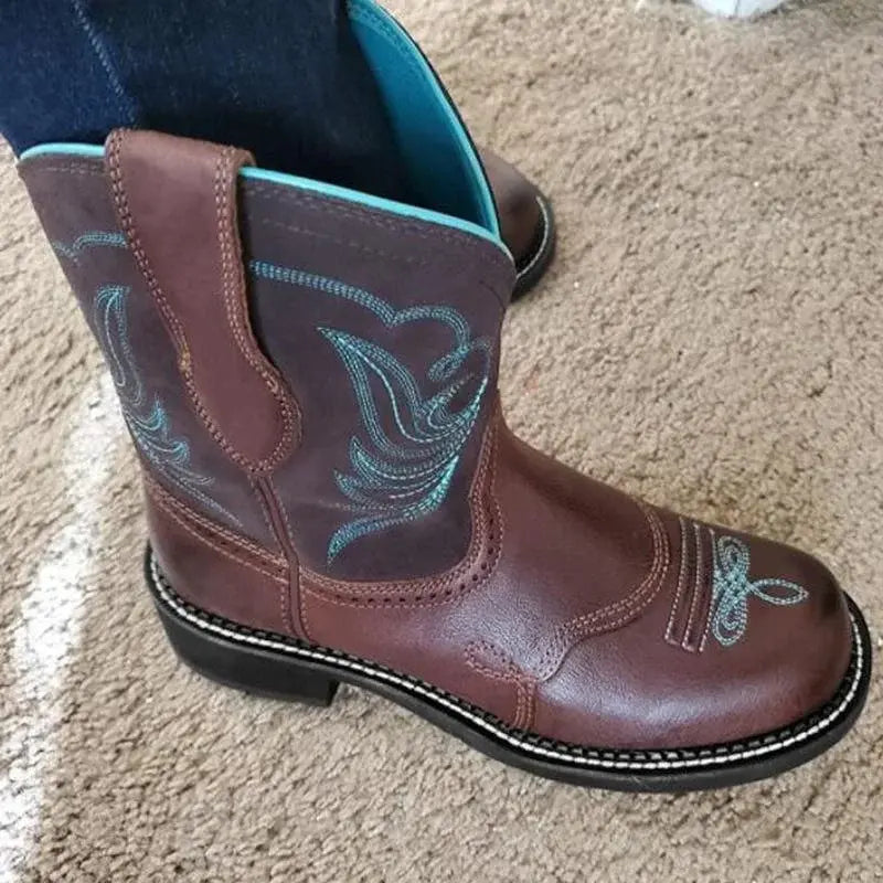 Retro Western Embroidered Mid-Calf Cowboy Boots for Women