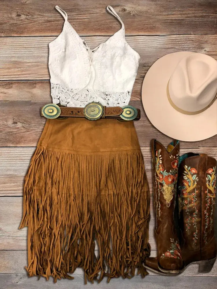 Solid Color Tassel Design Khaki Skirt