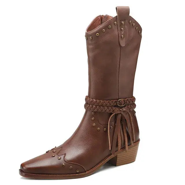 MoonMeek 2024 Retro Tassel Genuine Leather Western Ankle Boots