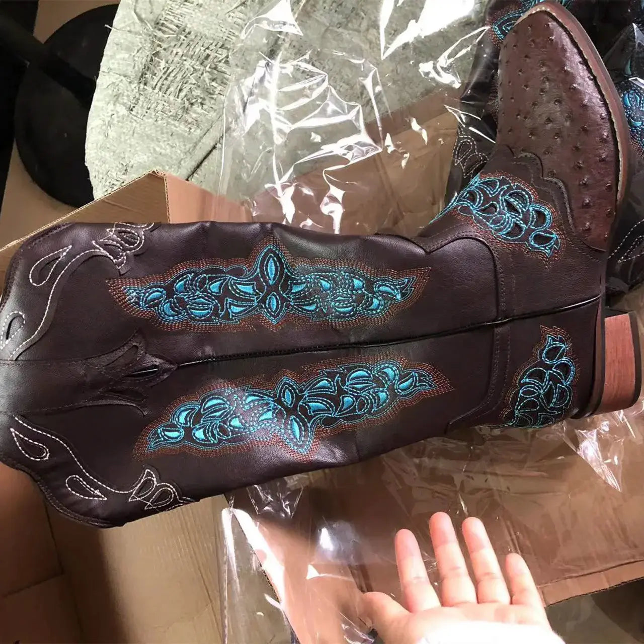 Embroidery Flower Knee-High Cowboy Boots - Colorful Mix