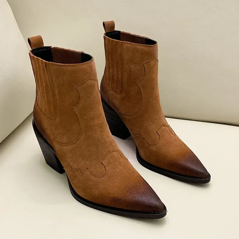 Genuine Leather Western Ankle Boots with Thick Square Heel
