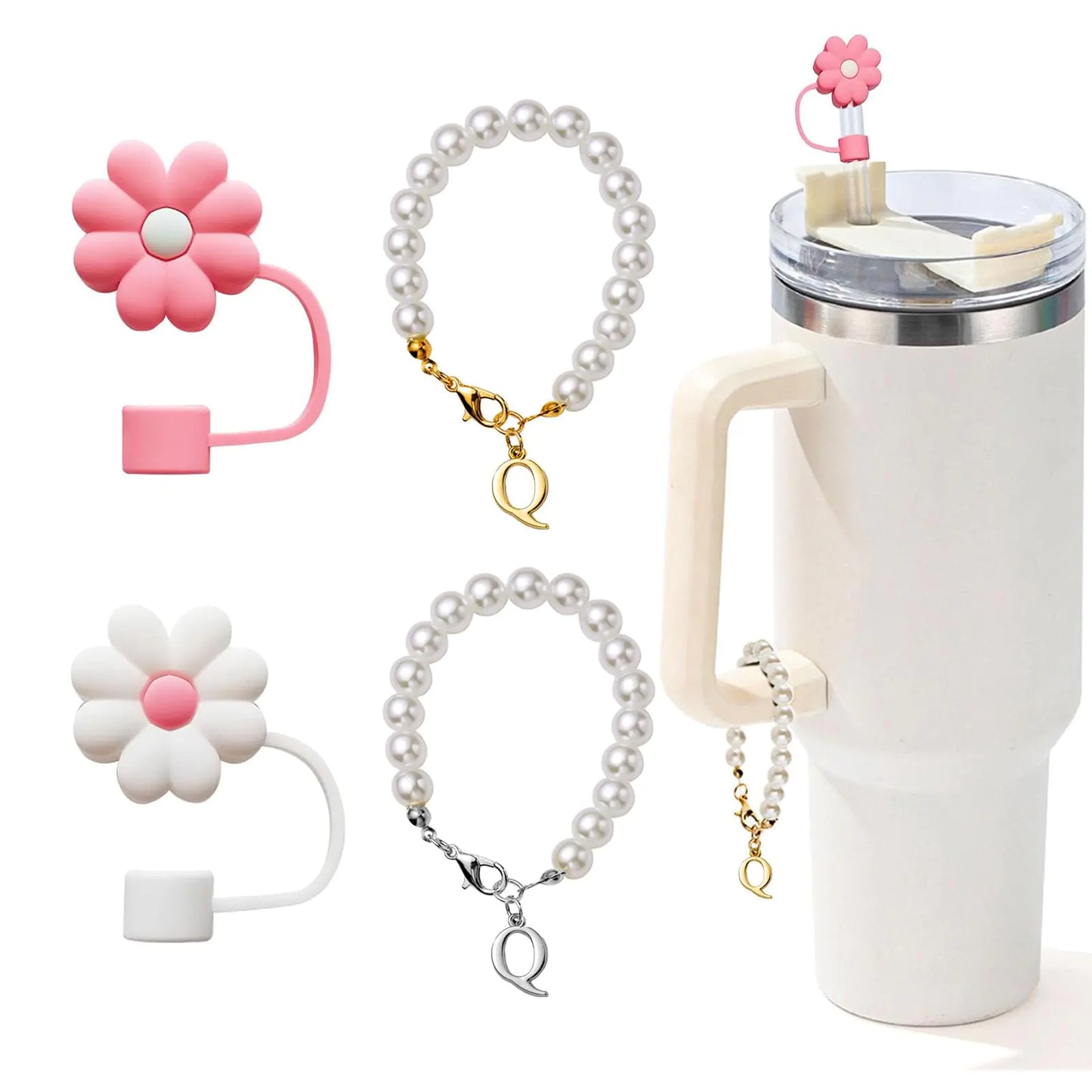 4pcs Charms and Strawcovers for Stanley Cup,20oz Tumblers, Pearl Chain Accessories Stanley Cup Initial Letter Charms for Handle with 2pcs straw covers Stuff Decor Water Bottle Jewelry Tumbler Personalized Decorations ID Q