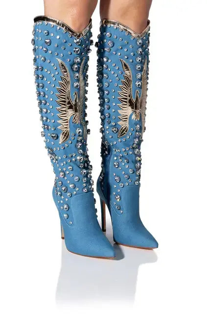 Pointed Toe Thick Heel Western Boots with Rhinestones