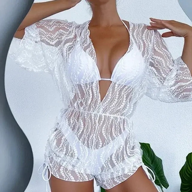 High Waist Print Drawstring Three Piece Bikini Set Swimsuit