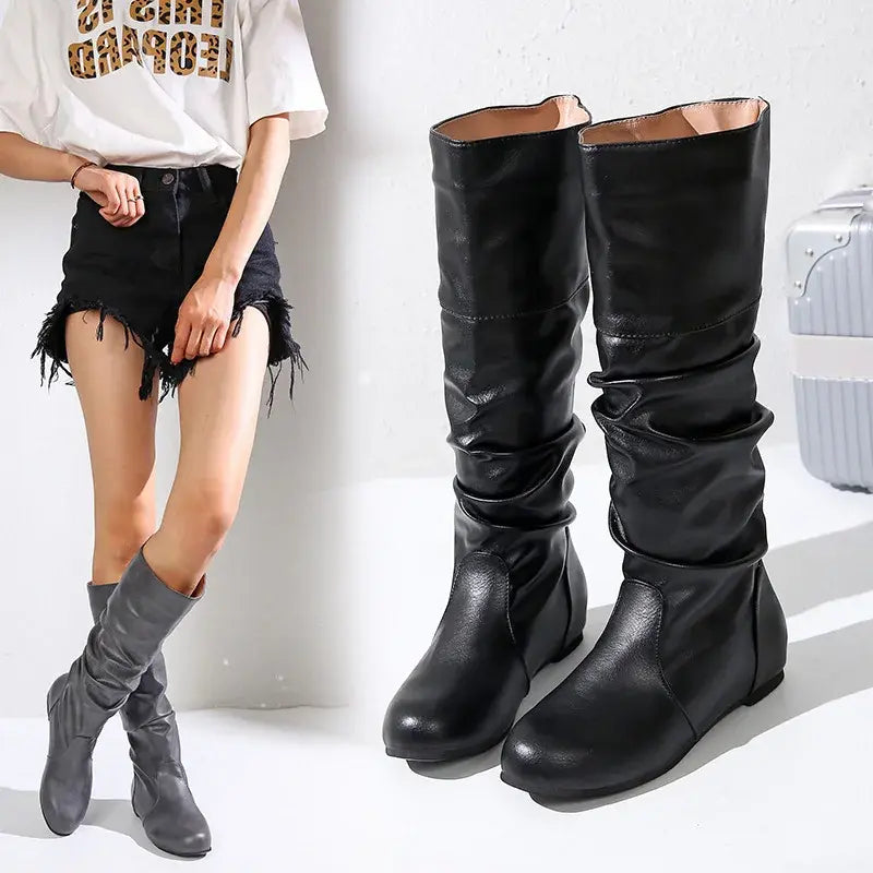 2024 Mid-Calf Boots Women Flat Shoes Spring Autumn Women High Boots Long Leather Western Cowboy Boots Women Footwear Size 35- 43