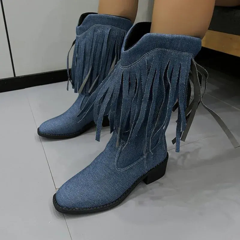Women's Denim Mid-Calf Boots with Tassels