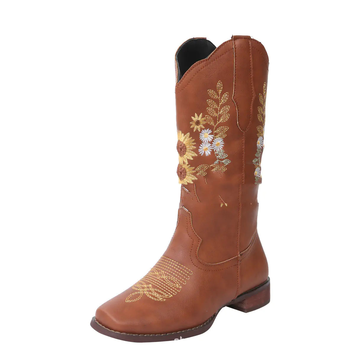Large Size Embroidered Sunflower Flat-Bottomed Boots