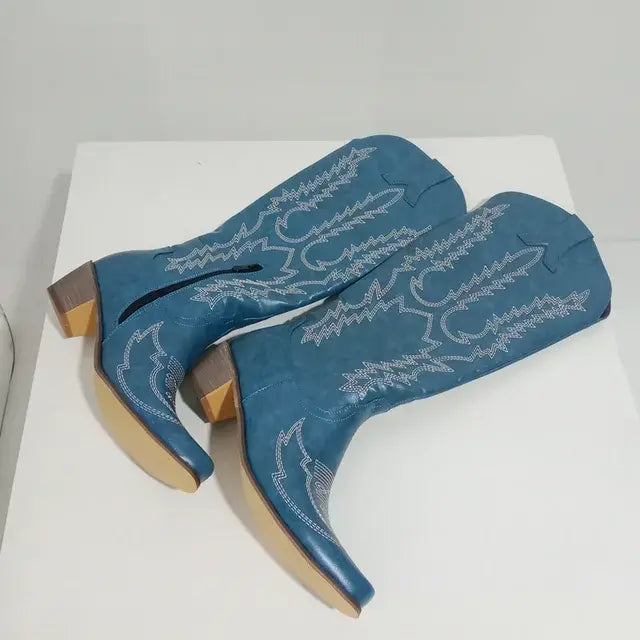 Embroidered Western Fire Cowgirl Boots with Low Heel