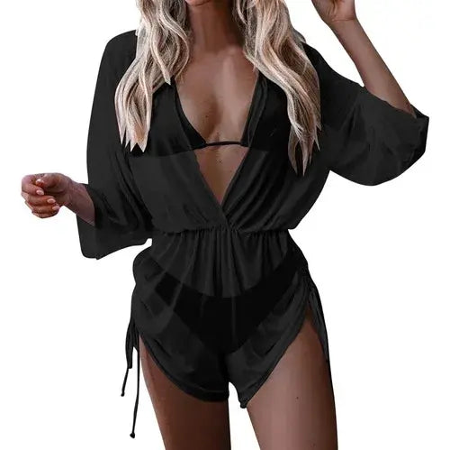 High Waist Print Drawstring Three Piece Bikini Set Swimsuit