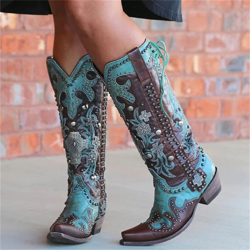 Embroidered Lace-Up Mid-Calf Boots with Thick Heels