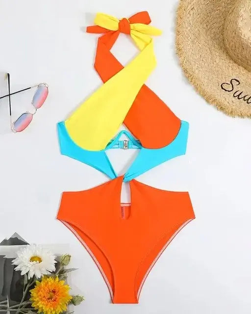 Contrast Color Swimwear Women Halter Cross with Underwire
