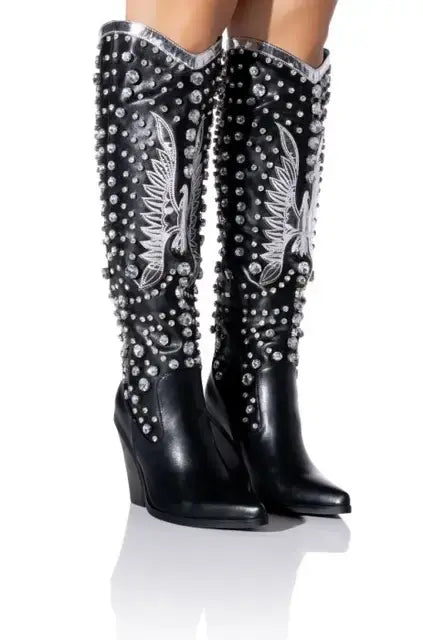 Pointed Toe Thick Heel Western Boots with Rhinestones