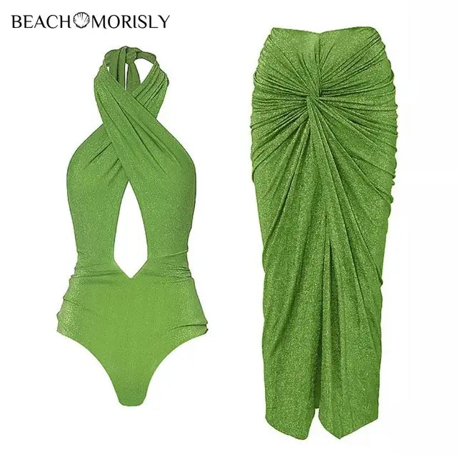 Color Block Women Swimsuit and Sarong Two-piece Set